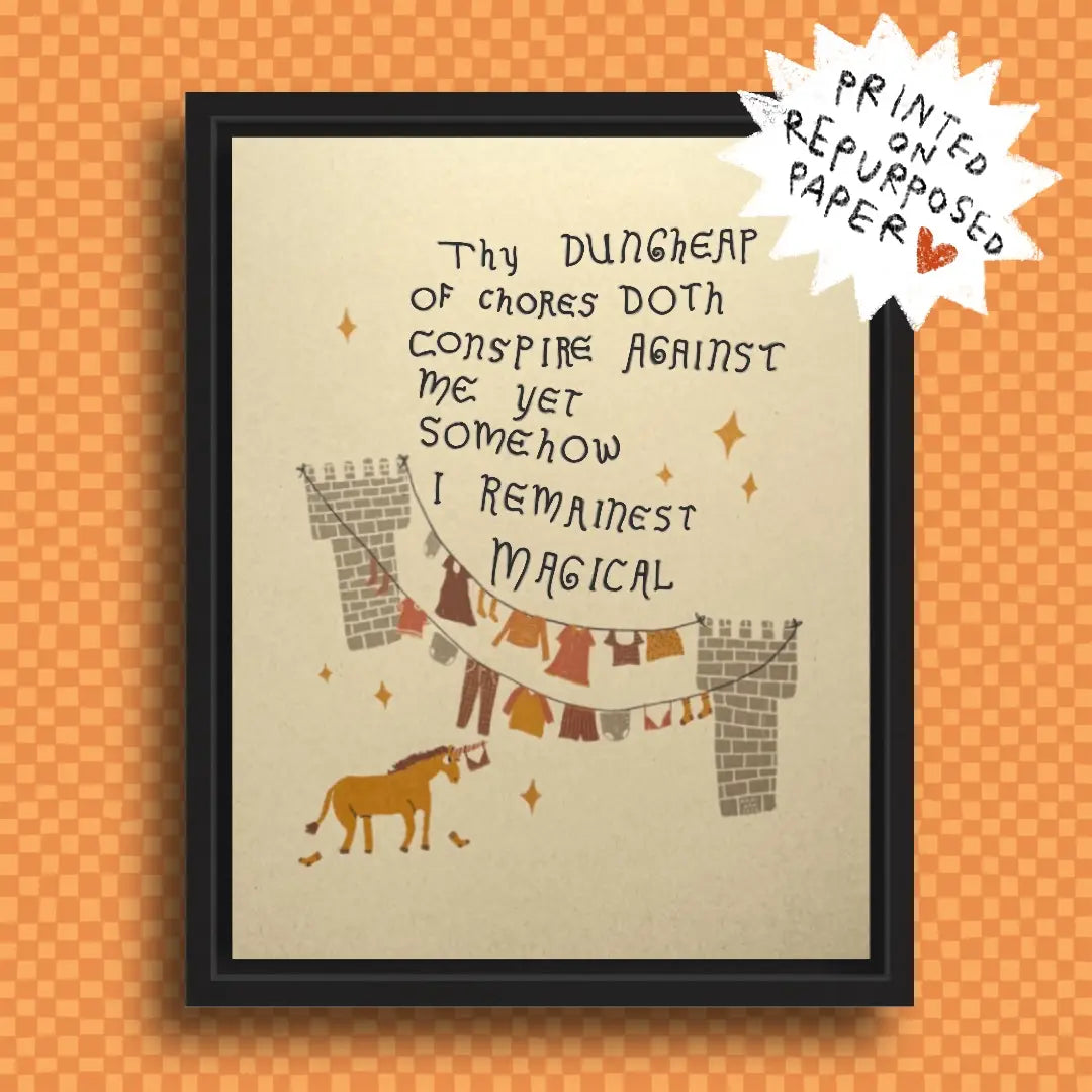 Framed print with text and illustration of a horse and laundry on an orange background