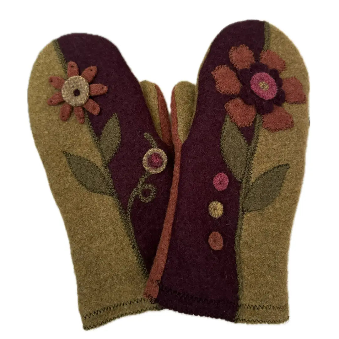 Pair of mittens with floral designs on a white background