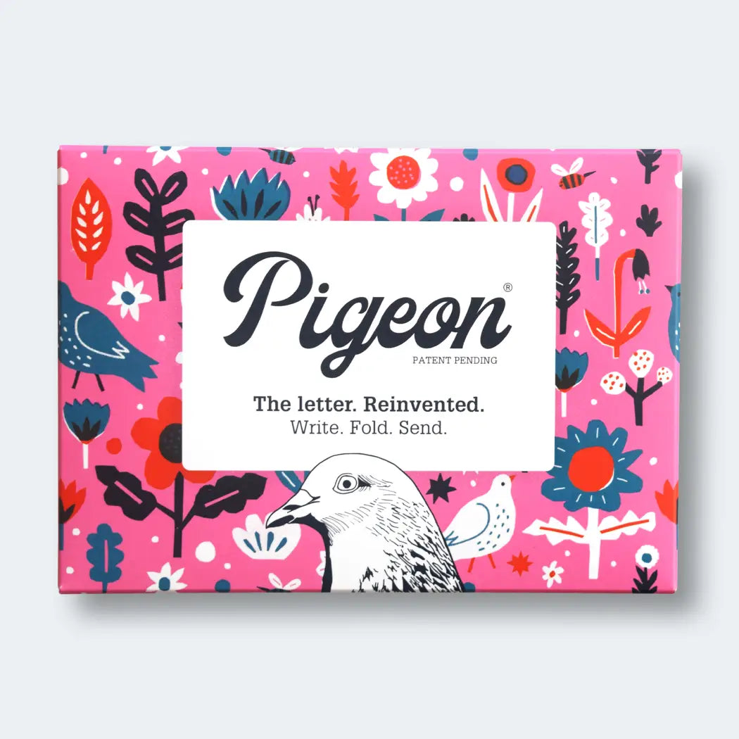 Pigeon product packaging with colorful design and text on a pink background