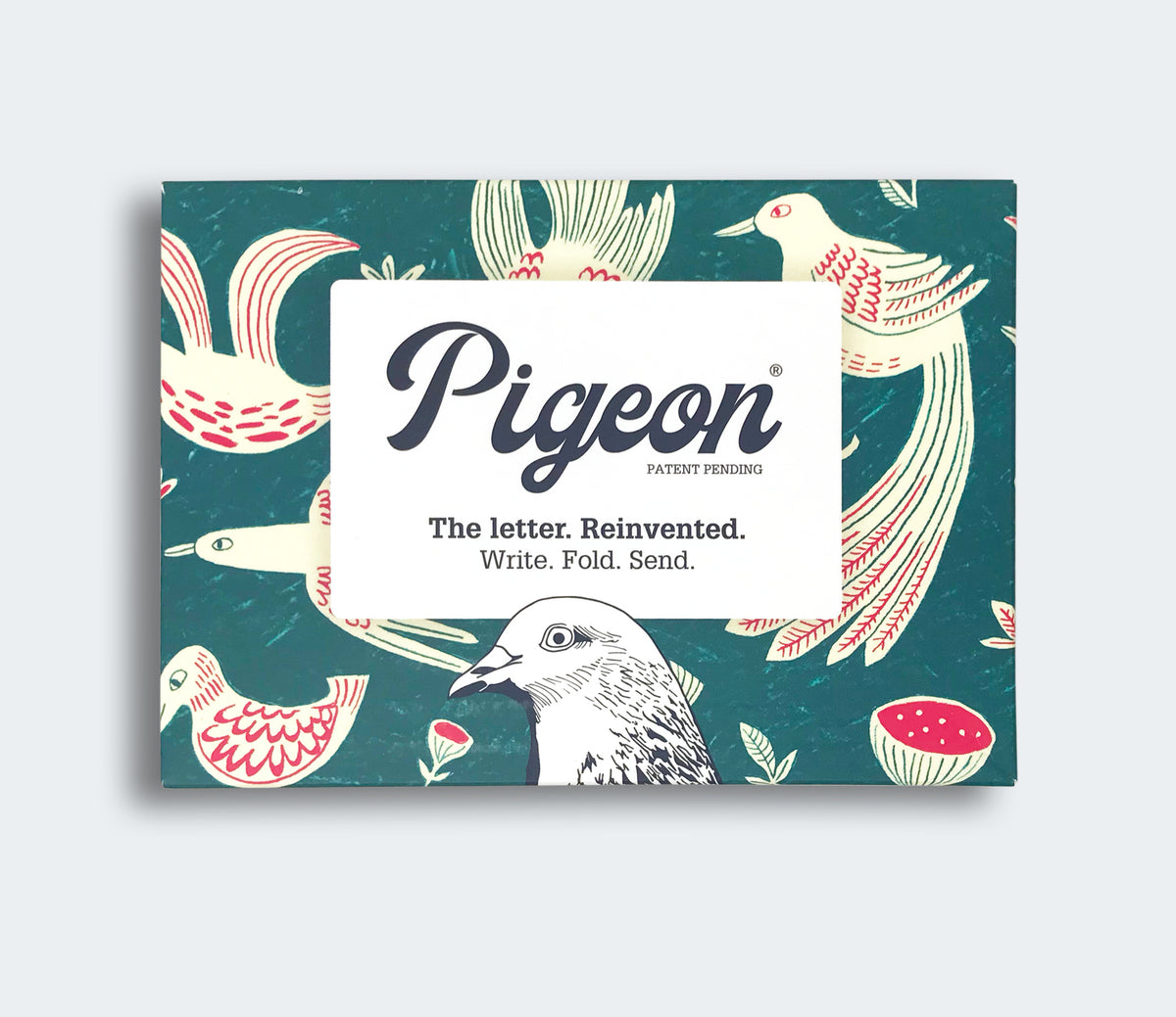 Pigeon product packaging with bird illustrations on a teal background