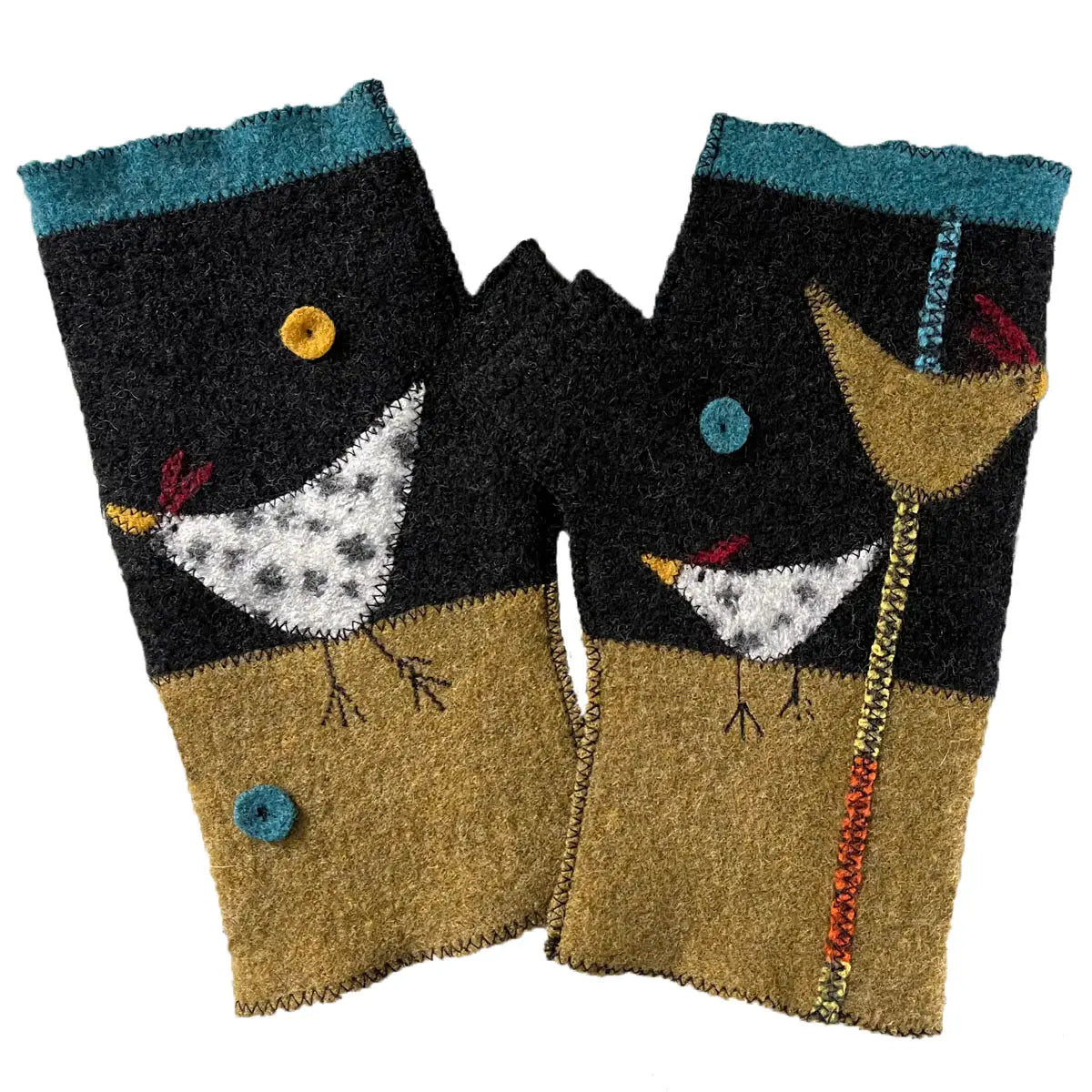 Pair of fingerless gloves with bird designs on a white background