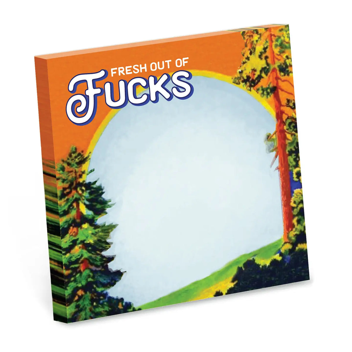 Product packaging with a scenic design and text on an orange background
