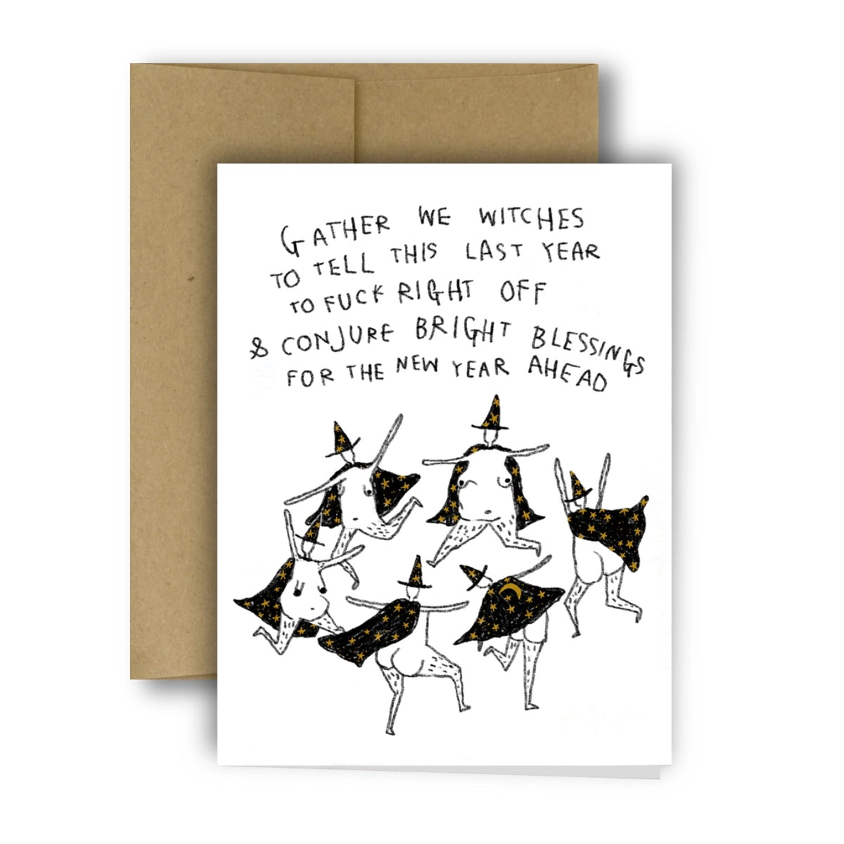 Greeting card with witches and humorous text on a white background