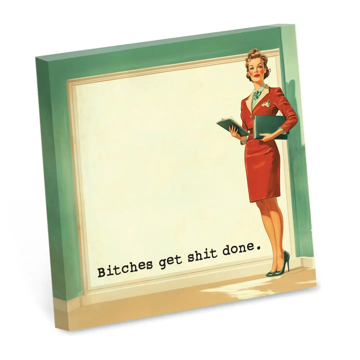 Vintage-style illustration of a woman in a red dress holding files with text on a white background