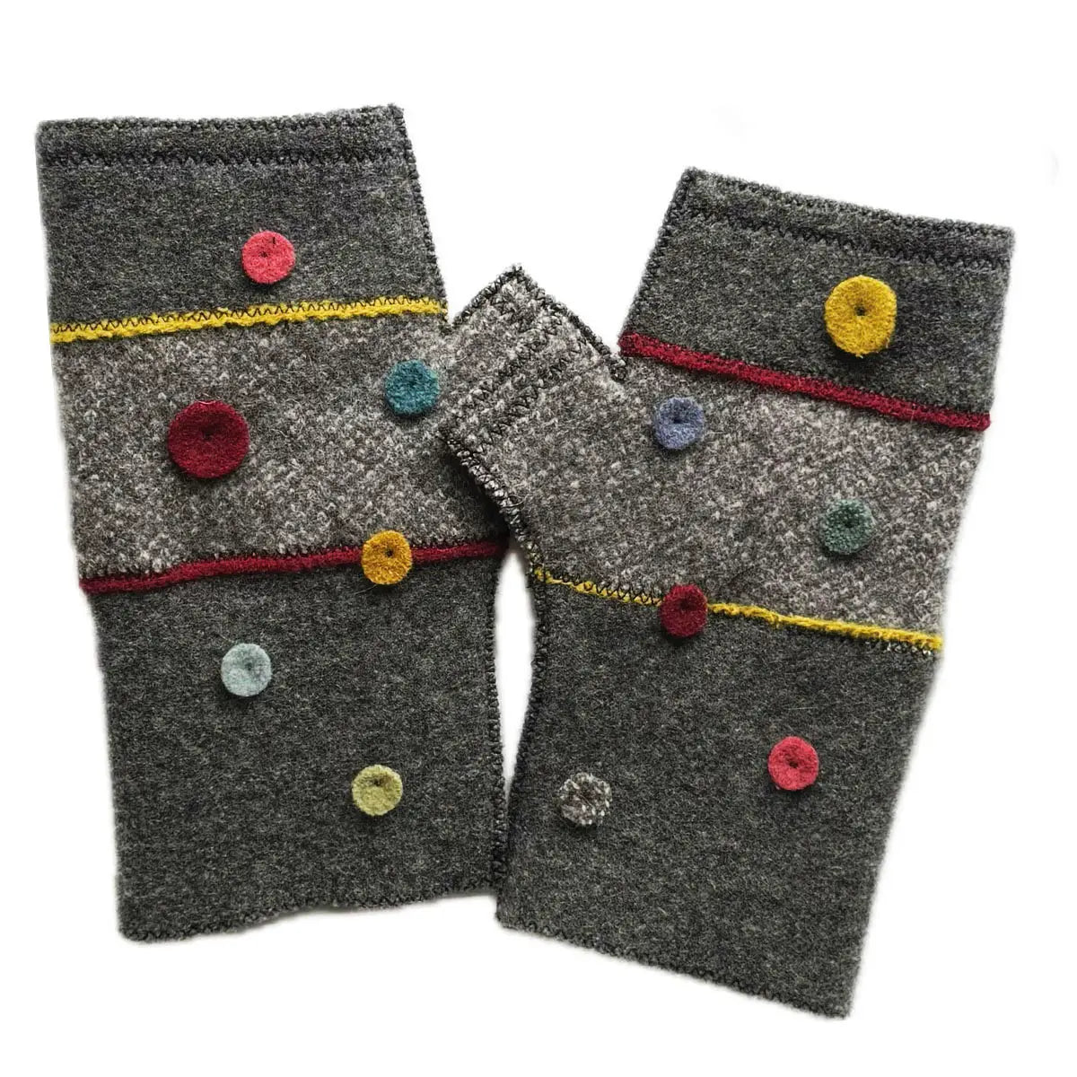 Pair of gray fingerless gloves with colorful buttons on a white background