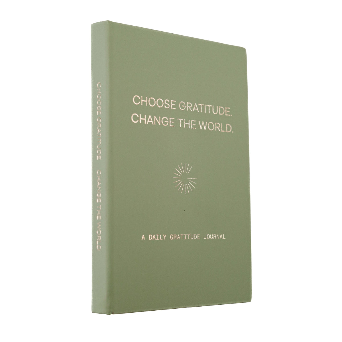 Green journal with 'Choose Gratitude, Change the World' text on a white background
