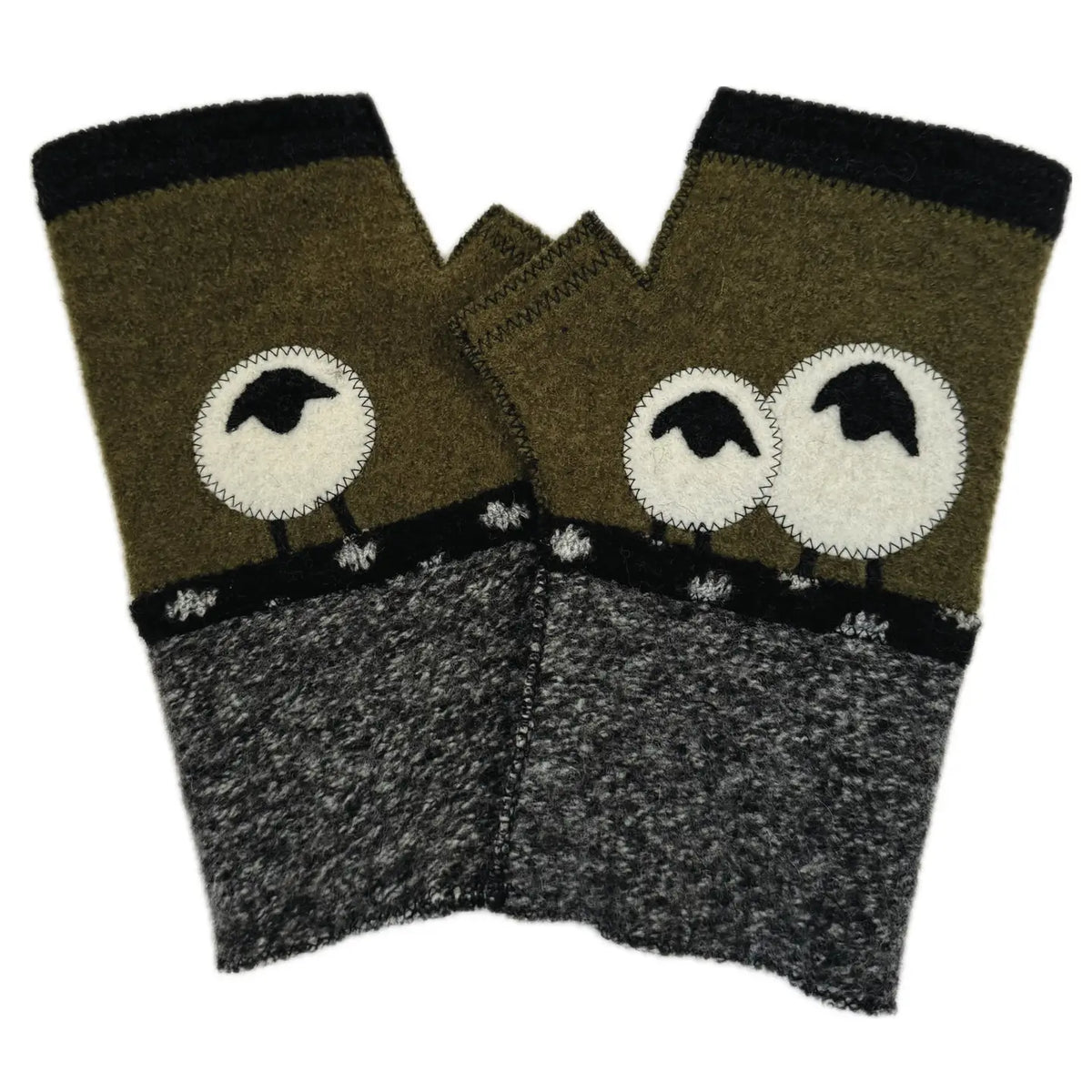 Pair of fingerless gloves with sheep design on a white background