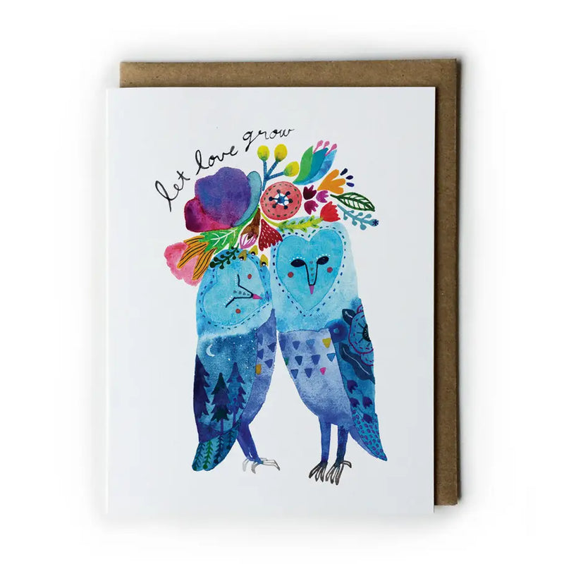 Greeting card with two blue and owls colorful flowers, featuring the text 'Let love grow'.
