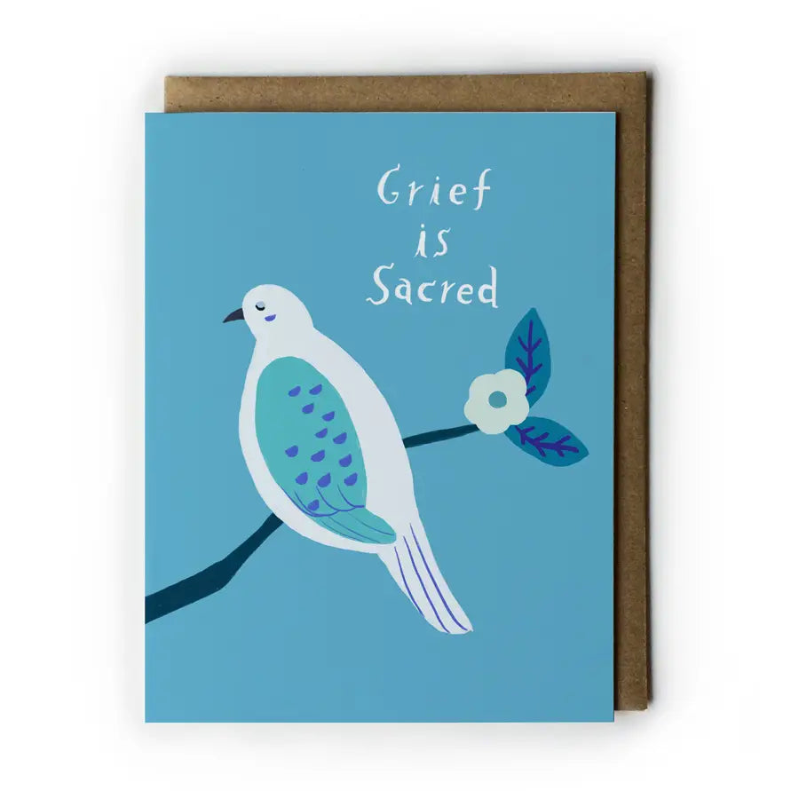 Card with a dove illustration and 'Grief is Sacred' text on a blue background