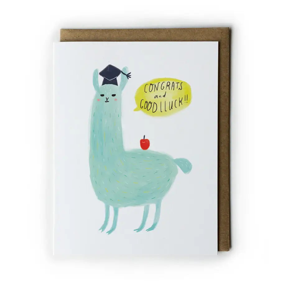 Greeting card with a llama illustration wearing a graduation cap and holding an apple, on a white background.