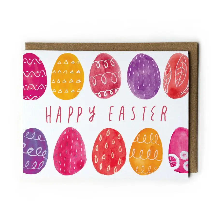 Greeting card with colorful Easter eggs and 'Happy Easter' text on a white background