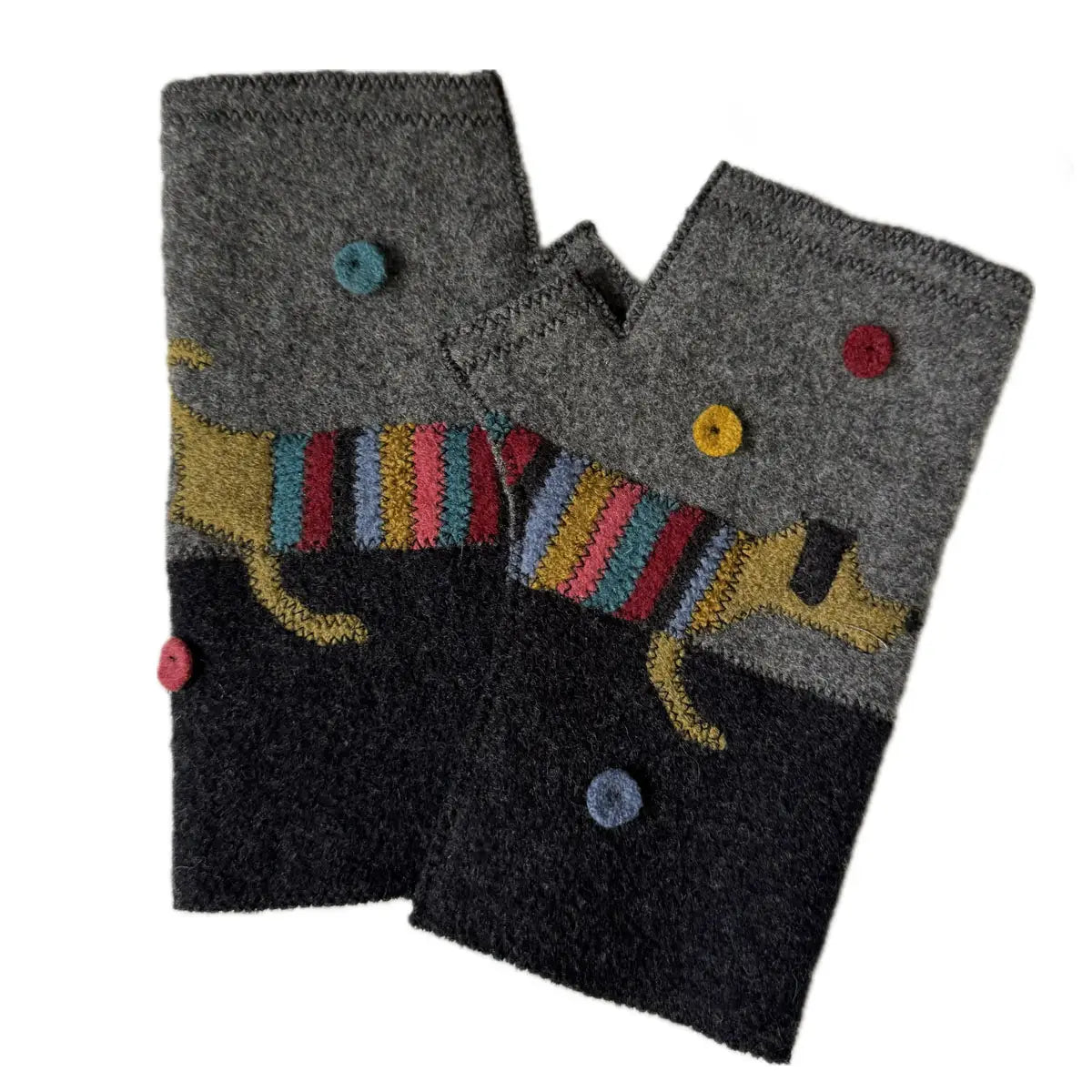Pair of gray fingerless gloves with colorful designs on a white background