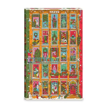 Colorful advent calendar with various small doors and festive designs on a white background