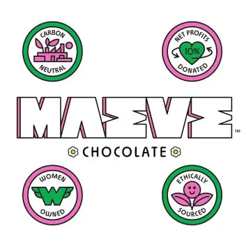MAEVE Chocolate logo with certification logos for carbon neutral, net profits donated, women-owned, and ethically sourced on a white background.