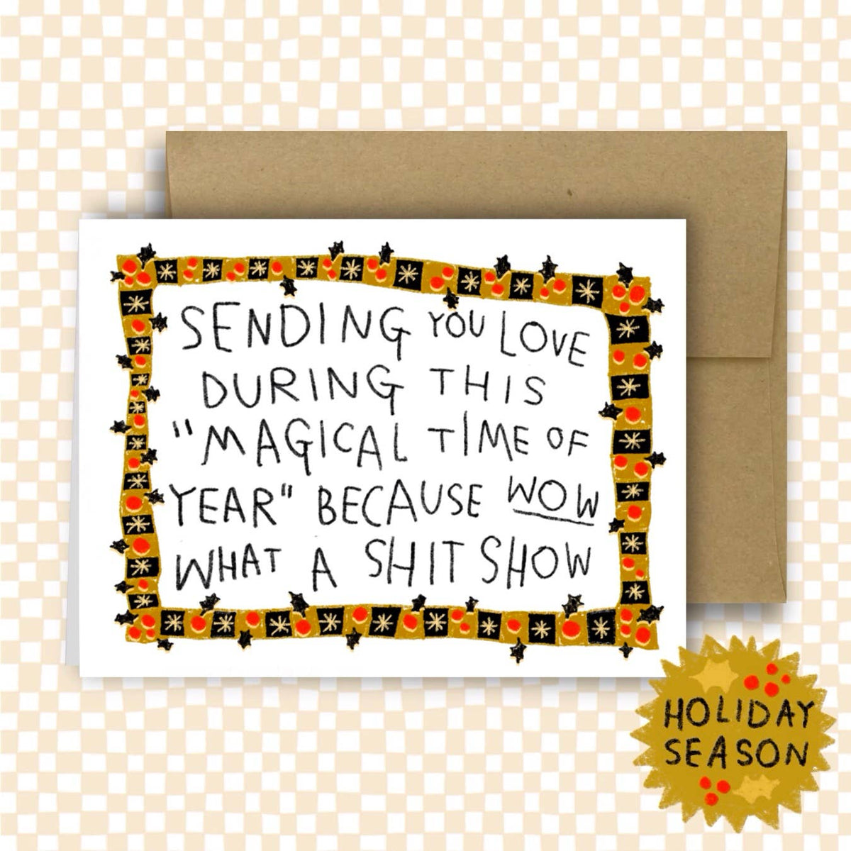 Card with humorous text and decorative border on a beige background