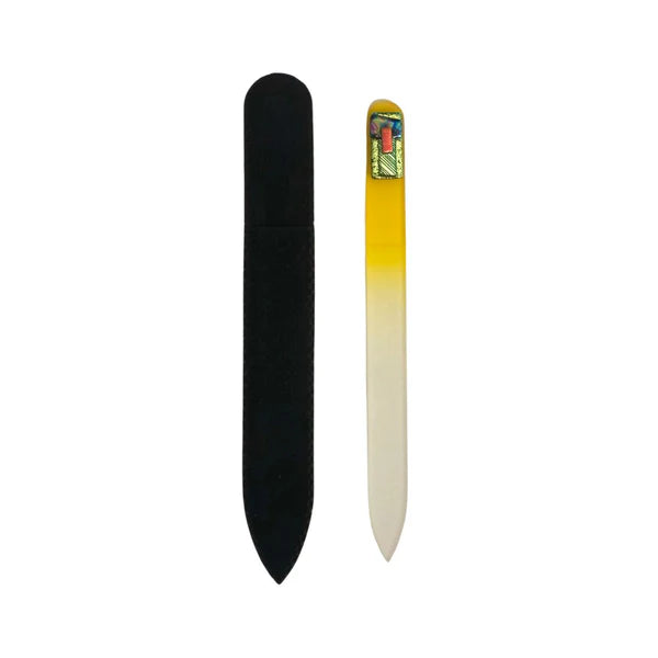 Glass nail file with black case on a white background