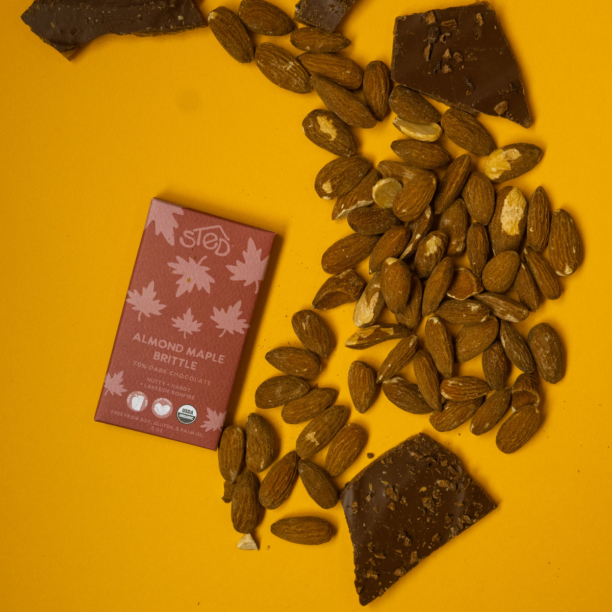 Almond Maple Brittle :: 70% Dark Chocolate + Nutty + Hardy + Lakeside Bonfire