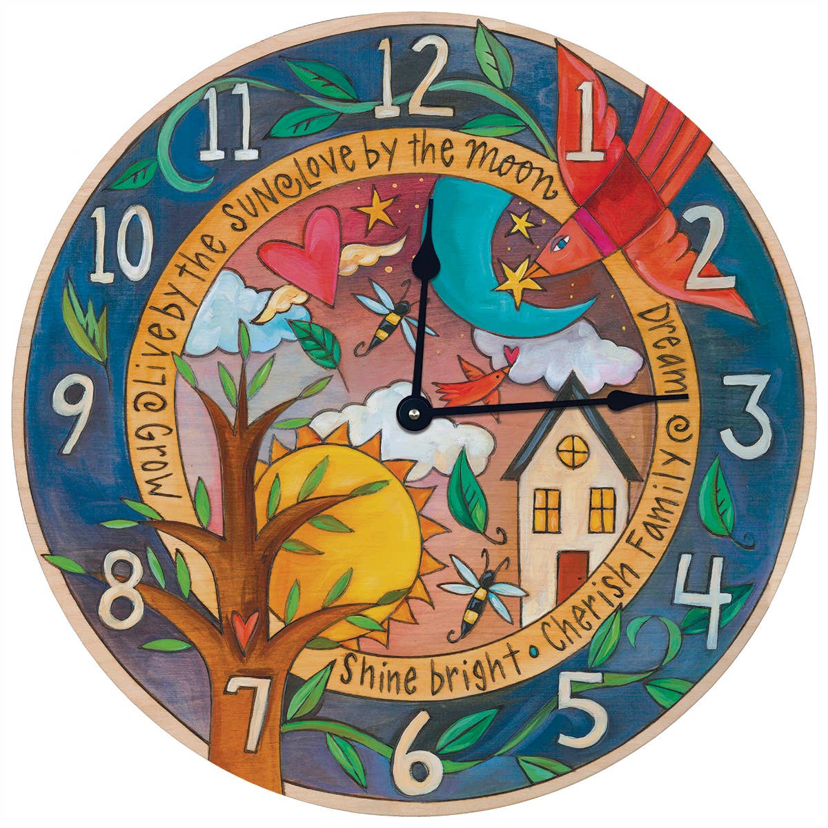 Decorative clock with colorful design and text on a white background