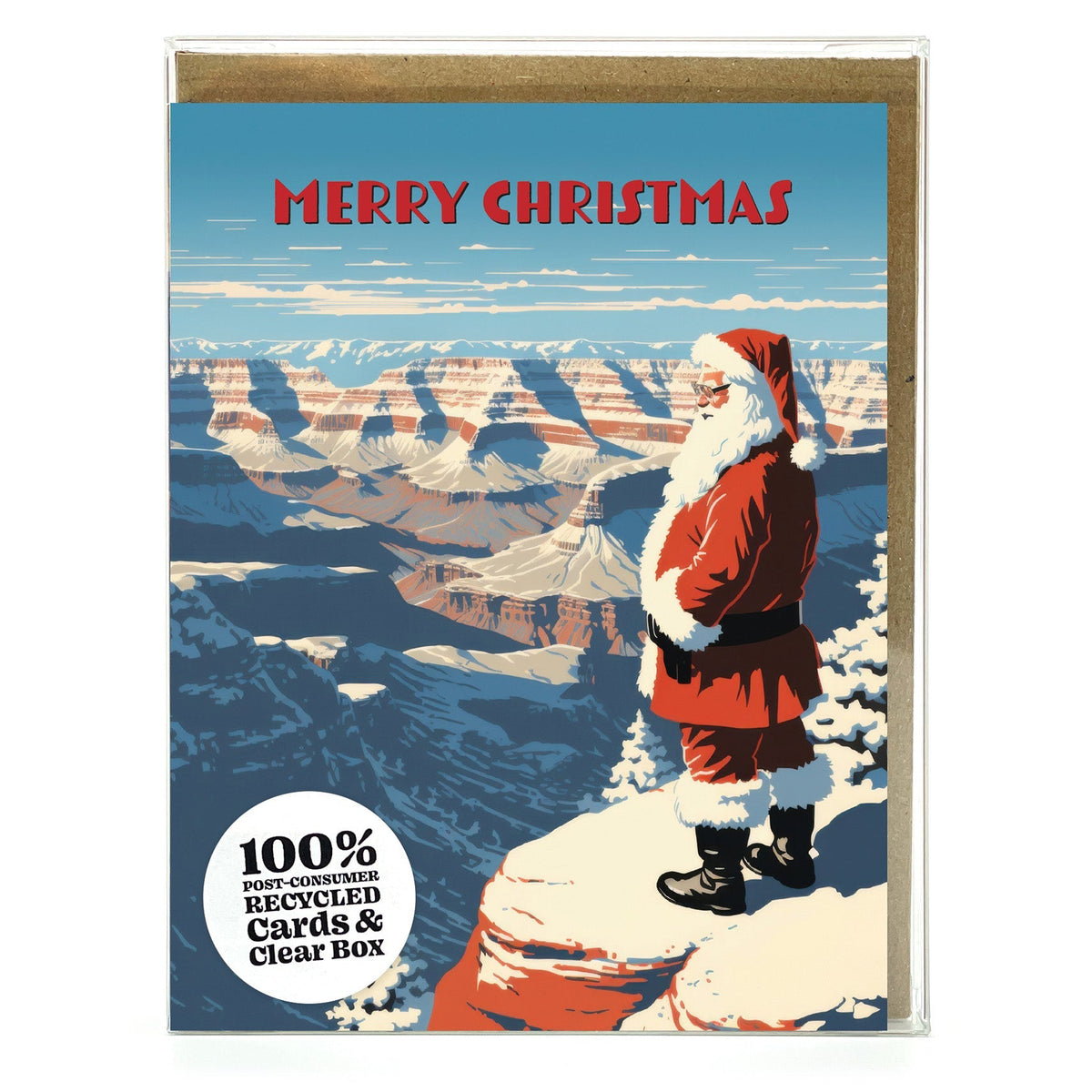 Christmas card with Santa Claus in a mountainous landscape, featuring 'Merry Christmas' text.