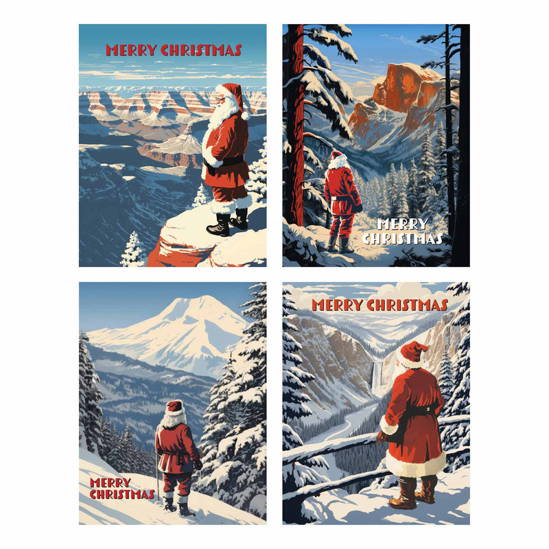 Set of four Christmas cards featuring Santa Claus in a mountainous landscape with 'Merry Christmas' text.