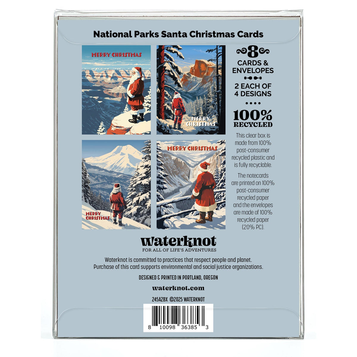 Back of a box containing National Parks Santa Christmas Cards by Waterknot