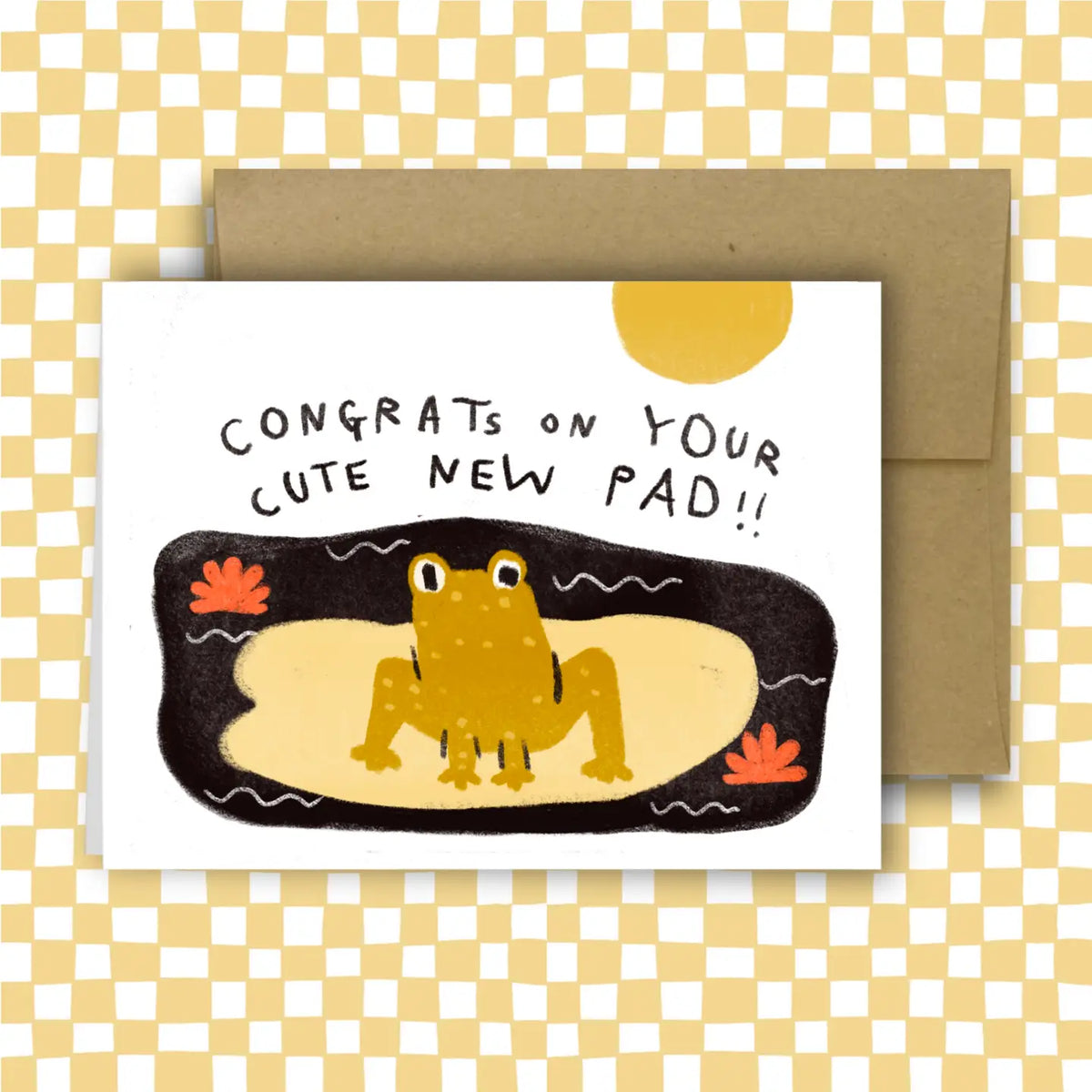 Greeting card with a frog illustration and text on a checkered background