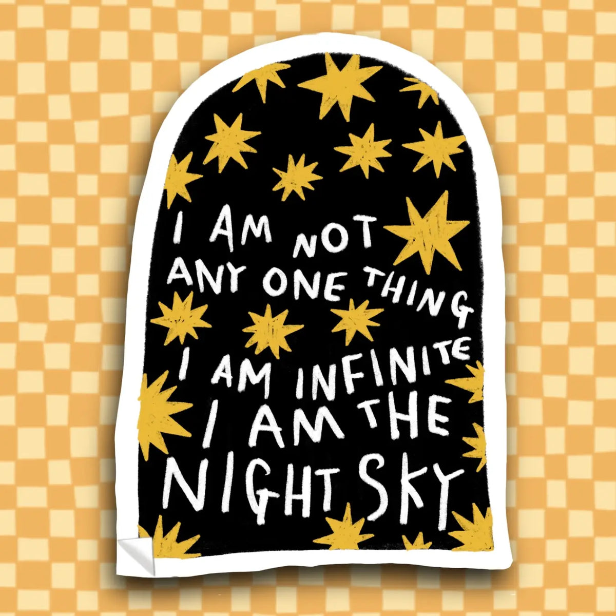 Sticker with text and yellow star shapes on a black background, placed on a checkered orange and white surface.