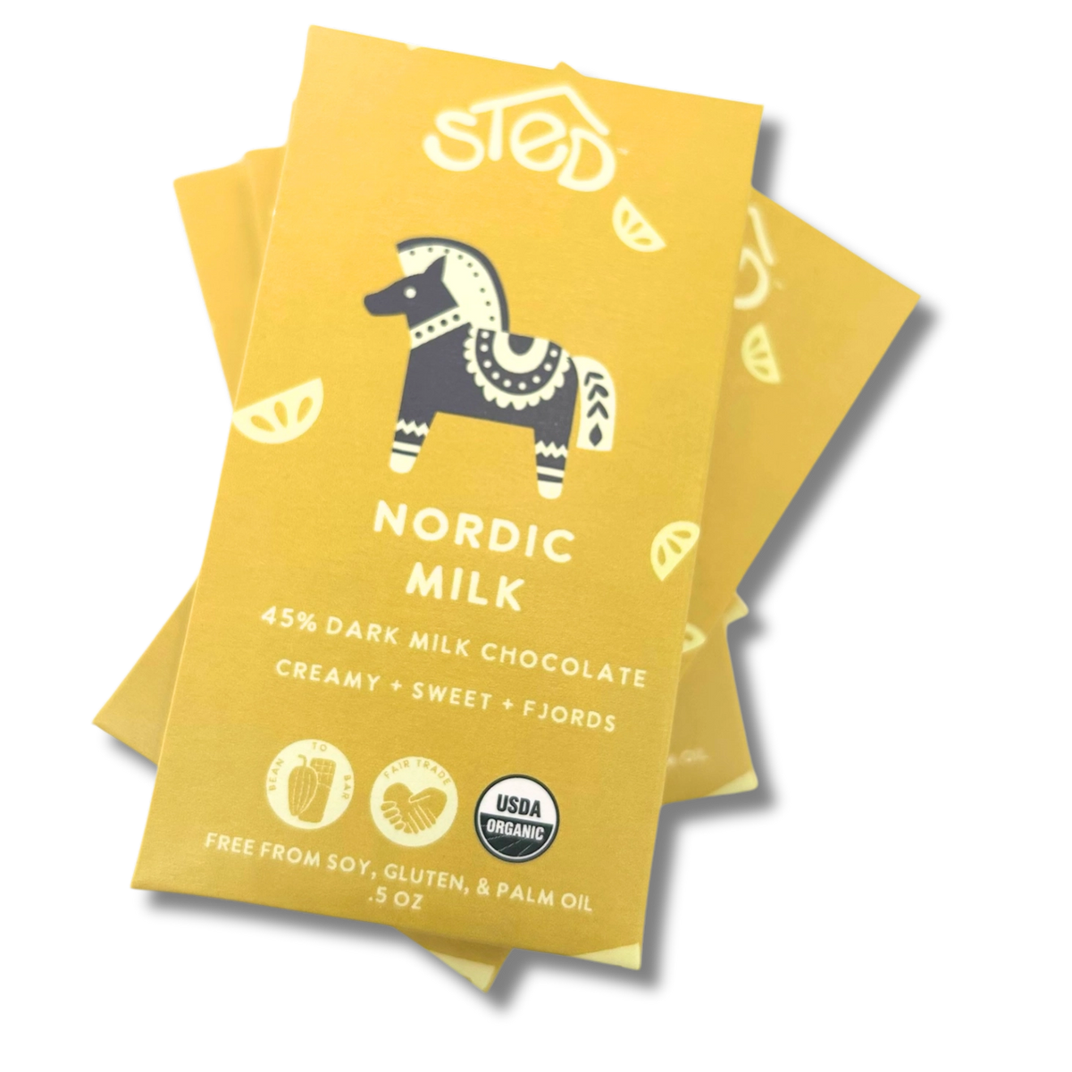 Yellow packages of Nordic Milk chocolate with a horse illustration on a white background