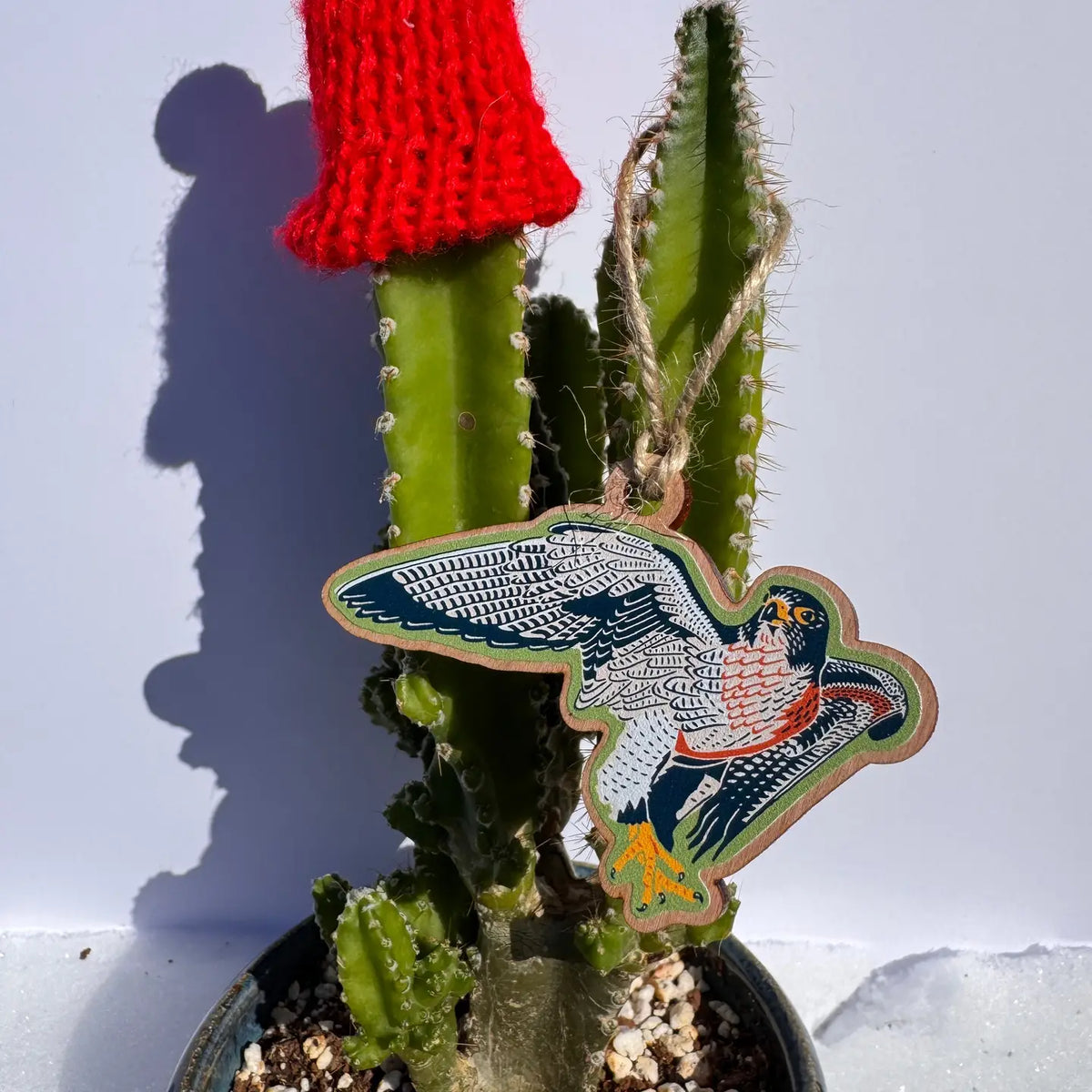 Decorative falcon ornament hanging from a cactus plant with a red object in the background.