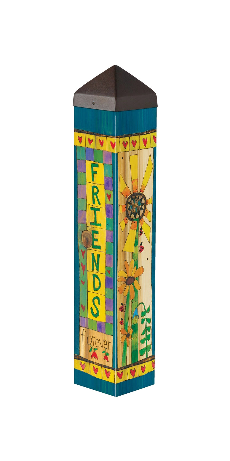 Decorative garden stake with colorful design and 'FRIENDS' text on a white background