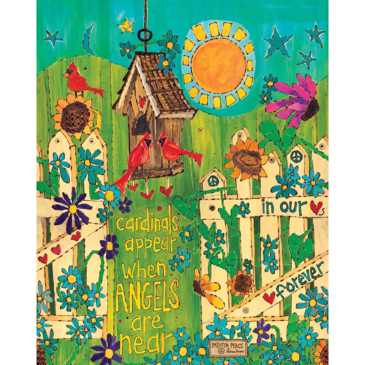 Colorful illustration of a garden scene with birds, flowers, and text on a green background.