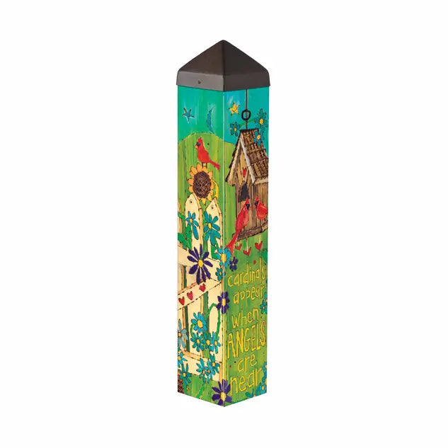 Decorative birdhouse-themed garden post with a colorful design on a white background
