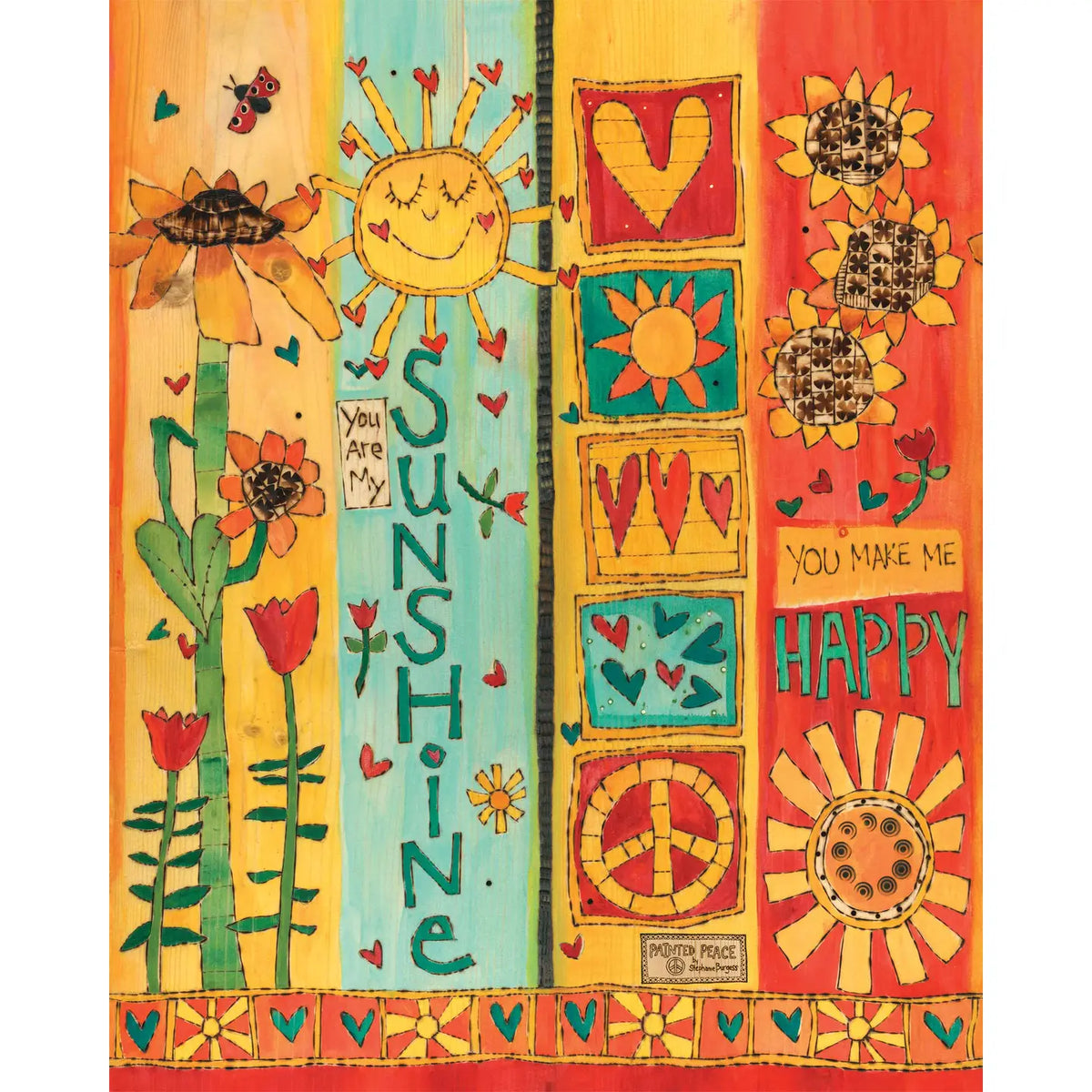 Colorful panels of an art pole with sun, heart, and peace symbol designs and text.