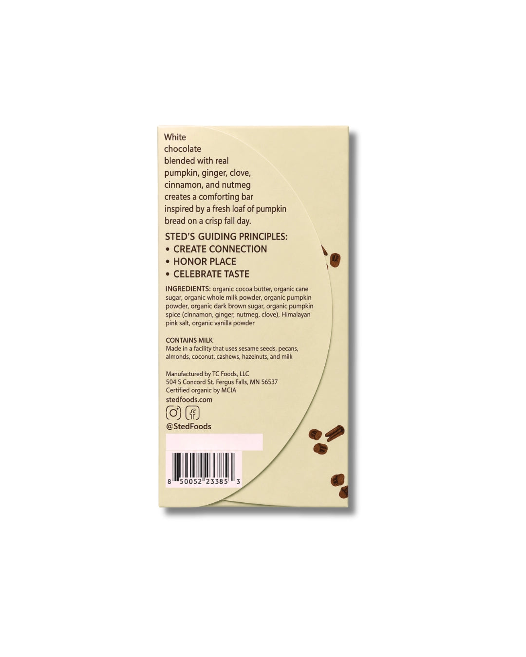 The back of a Sted Foods chocolate bar package, showing product details, ingredients, and a barcode on a light beige background with brown chocolate and pumpkin cookie illustrations.