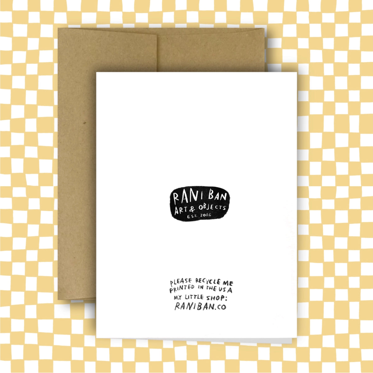 Card and envelope set with Rani Ban Art & Objects branding on a checkered background