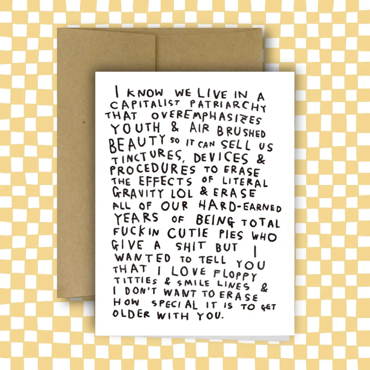 Card with text on a yellow and white checkered background