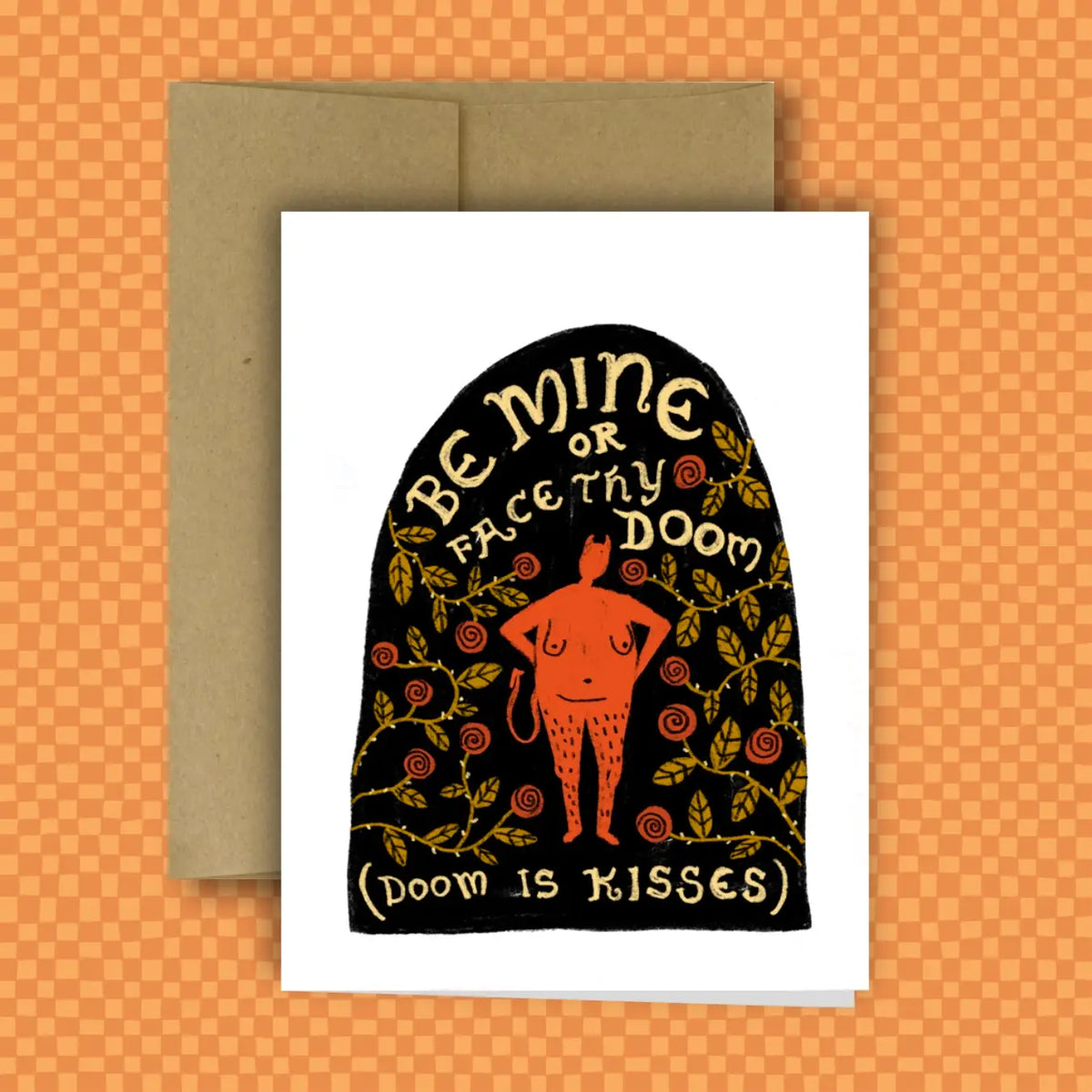 Greeting card with a black arch design featuring text and a red figure on an orange checkered background.