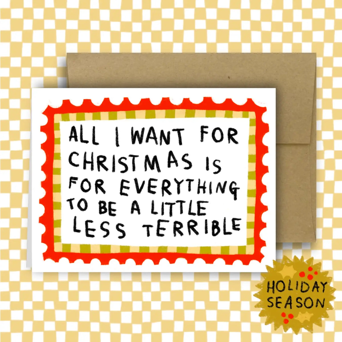 Greeting card with humorous text on a checkered background