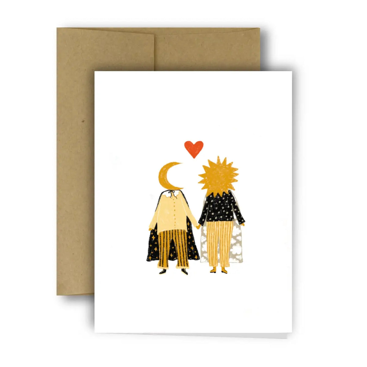 Greeting card with sun and moon characters holding hands and a heart, on a white background.