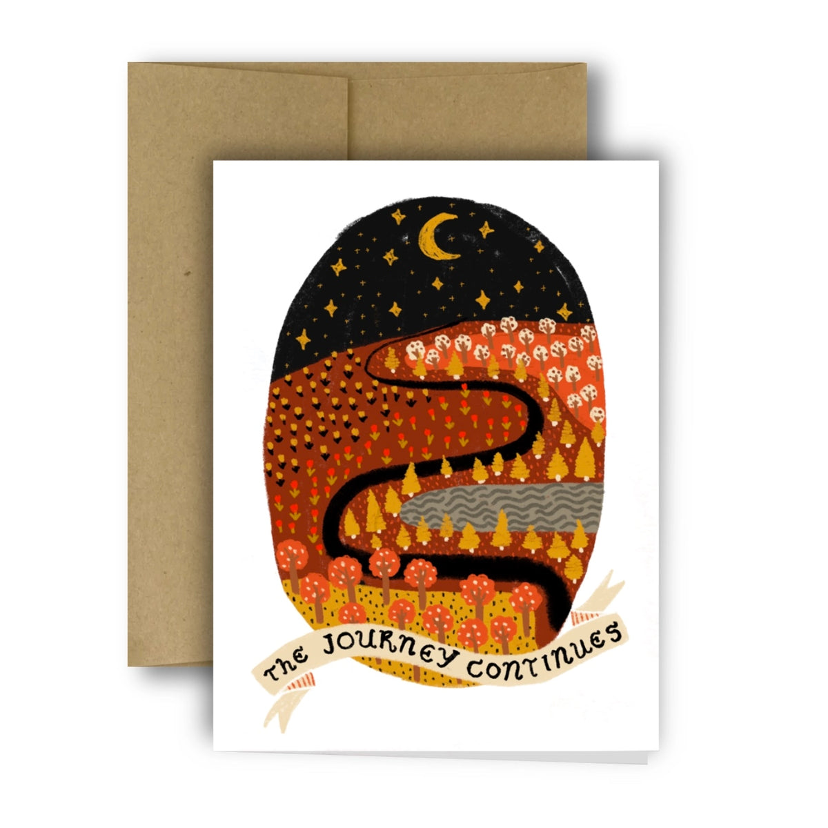 Greeting card with a stylized landscape illustration and 'The Journey Continues' text, featuring a brown envelope.