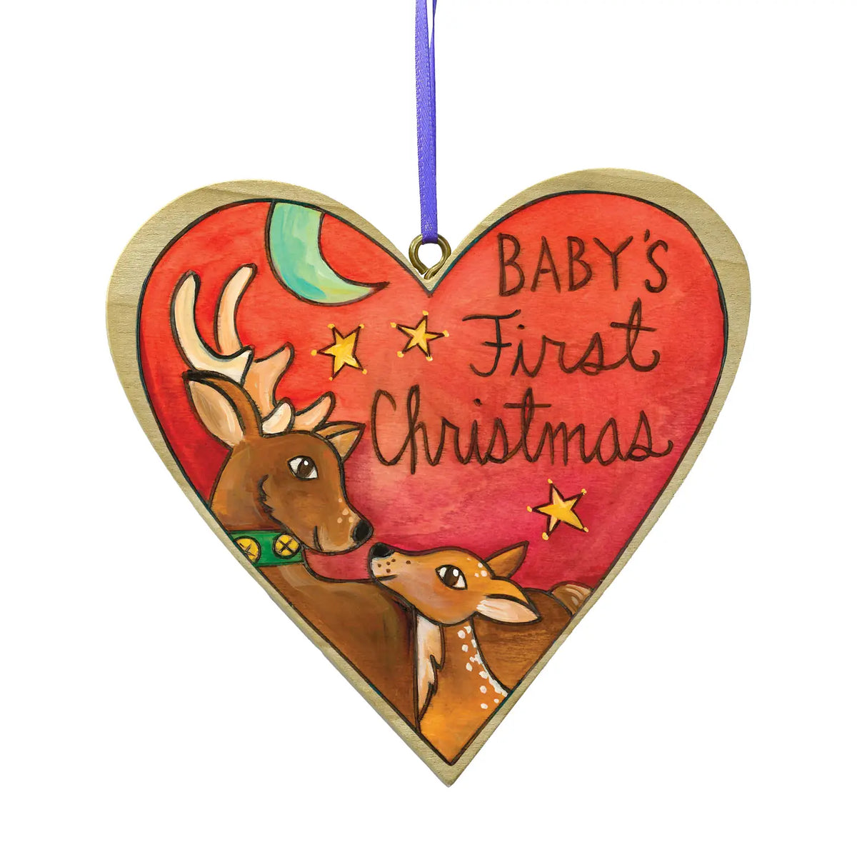 Heart-shaped ornament with deer illustration and 'Baby's First Christmas' text on a white background