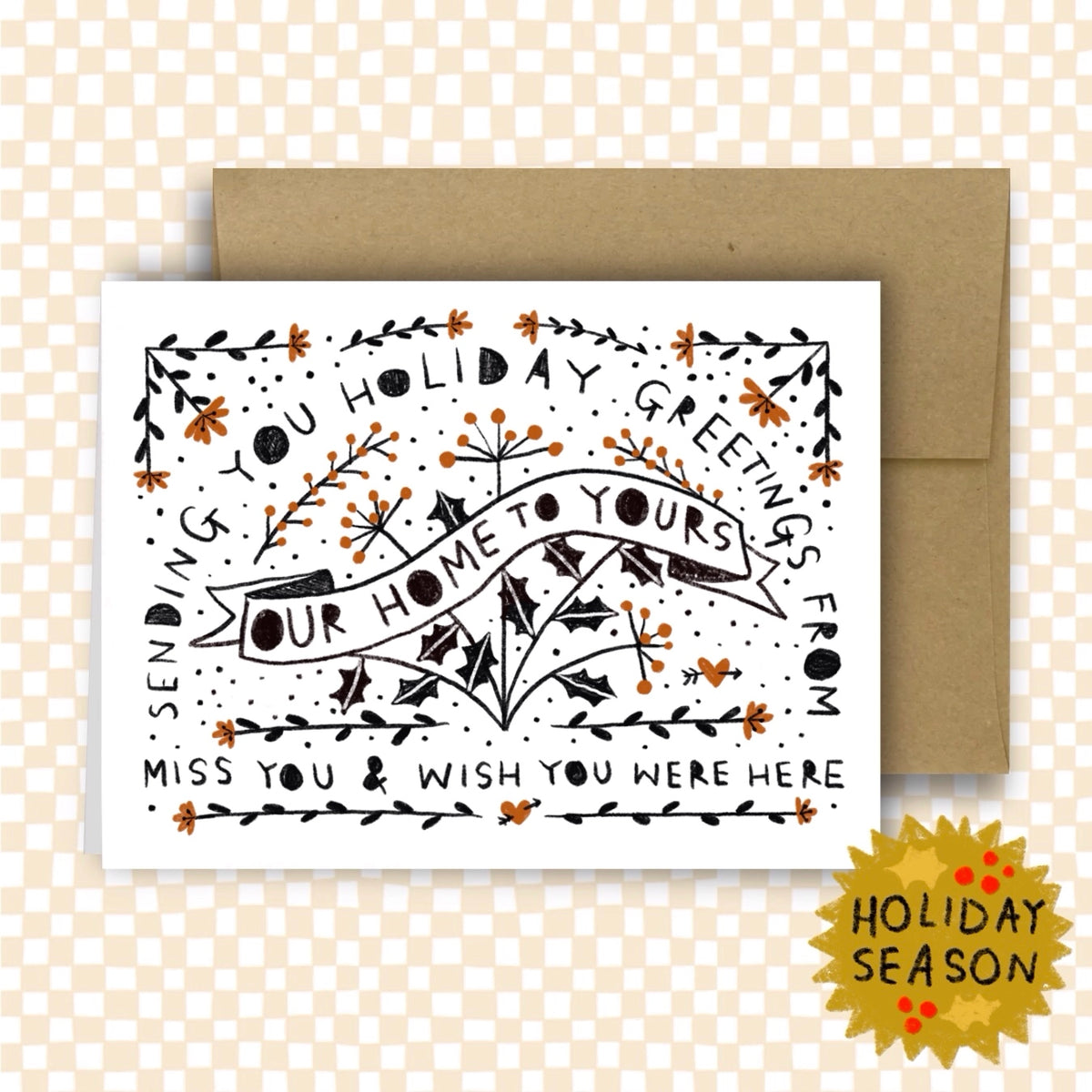 Greeting card with decorative text and envelope on a checkered background