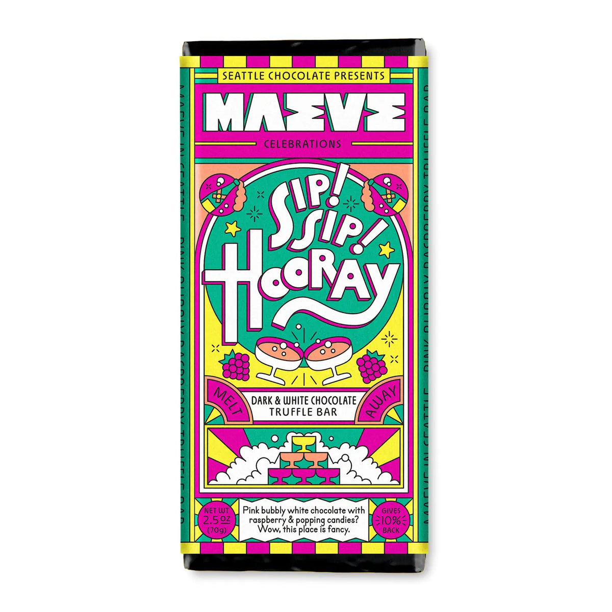 Colorful packaging of a chocolate truffle bar with text and graphics on a white background