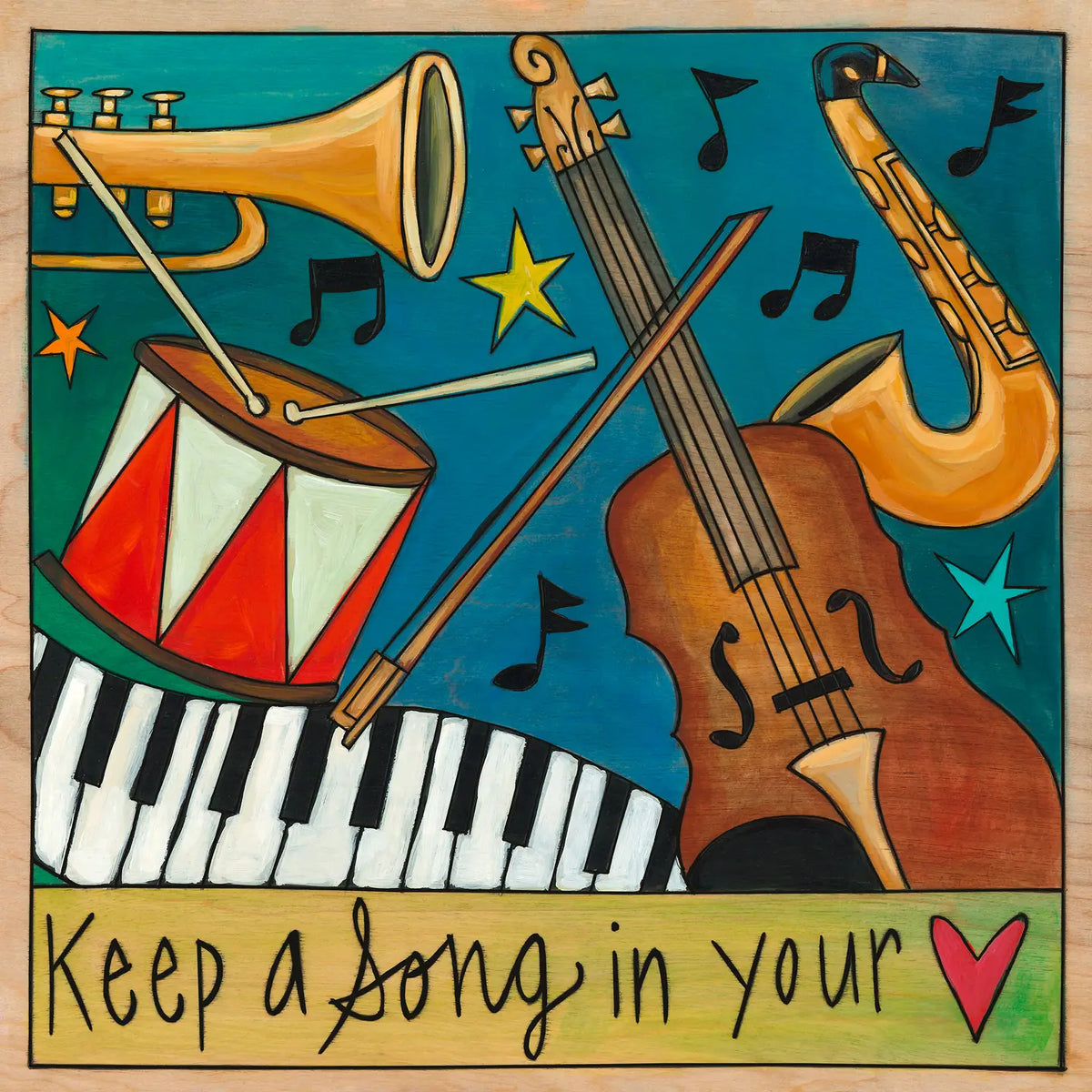Colorful illustration of musical instruments with a quote on a wooden background
