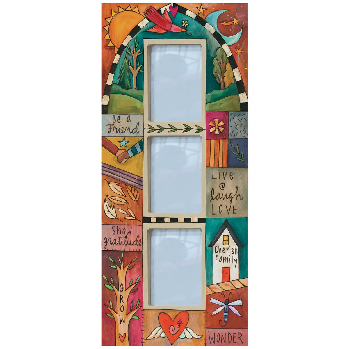 Decorative window with colorful illustrations and text on a white background
