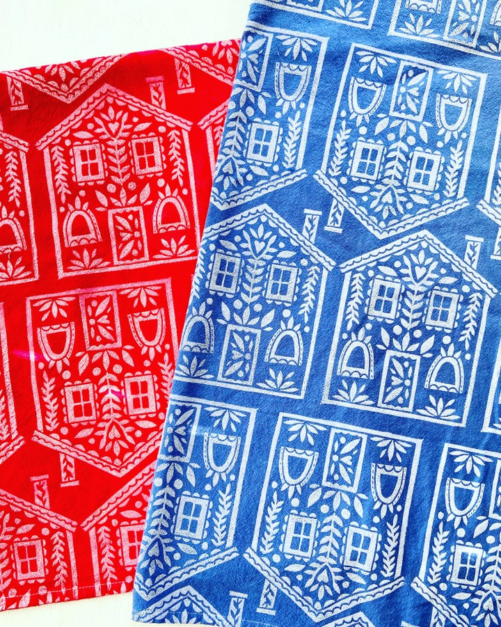 Red Folk-House Tea Towel