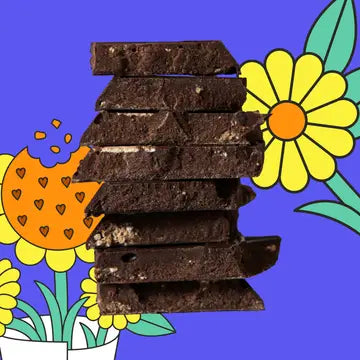 Stack of dark chocolate bars with a colorful flower graphic on a blue background
