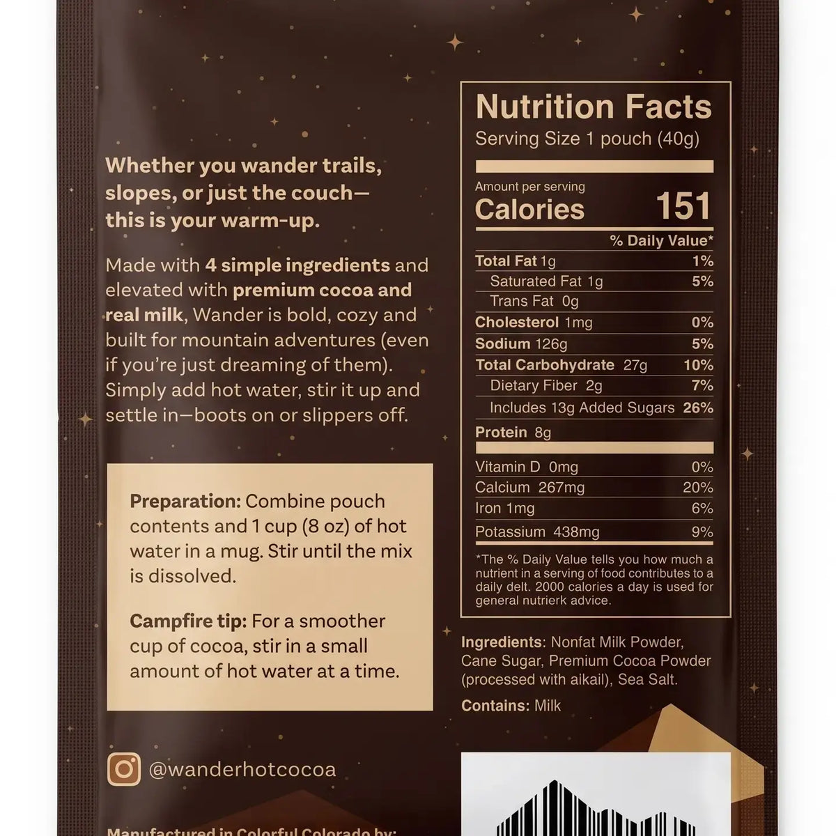 Back of a pouch package showing nutrition facts, product description, preparation instructions, and ingredients on a dark brown background with small gold stars.