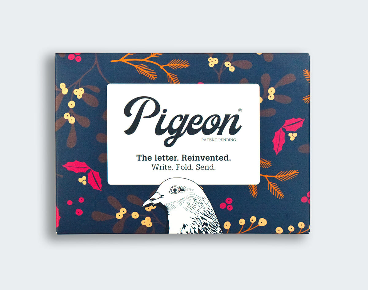 Pigeon letter writing set packaging with a bird illustration on a blue background
