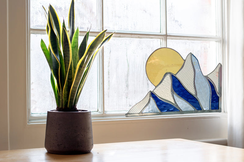Potted plant on a windowsill with a decorative mountain design